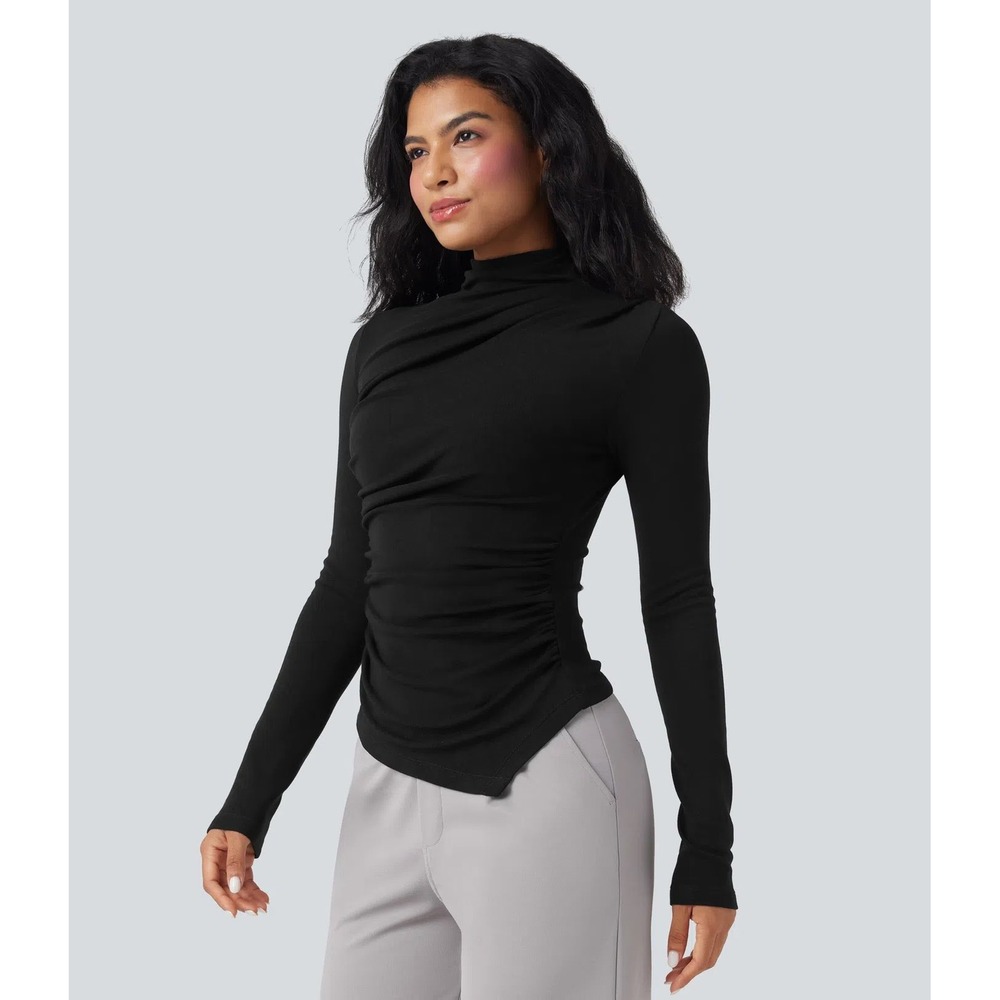 Halara Black Long Sleeve Mock Neck Ruched Asymmetrical Hem Top XS